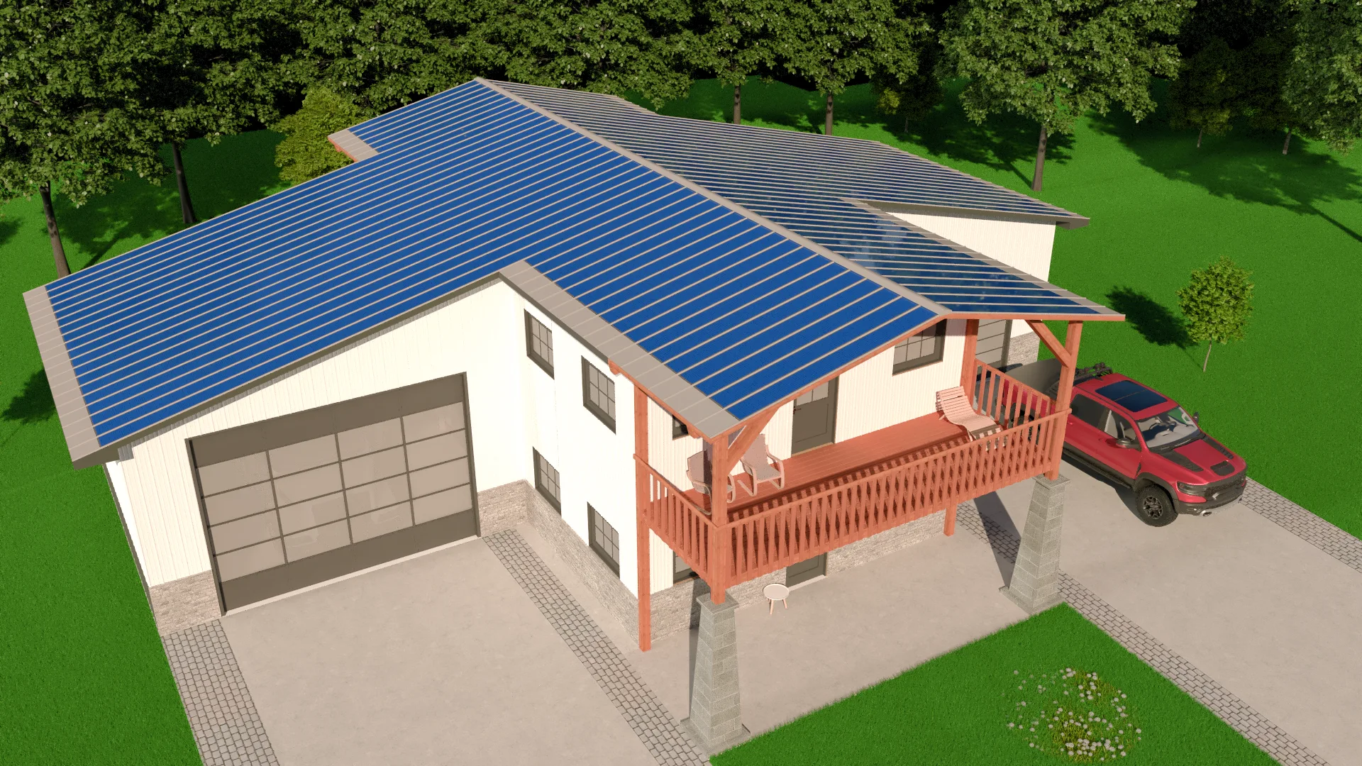 3D design rendering of a two-story barndominium with a two-car garage and metal roof