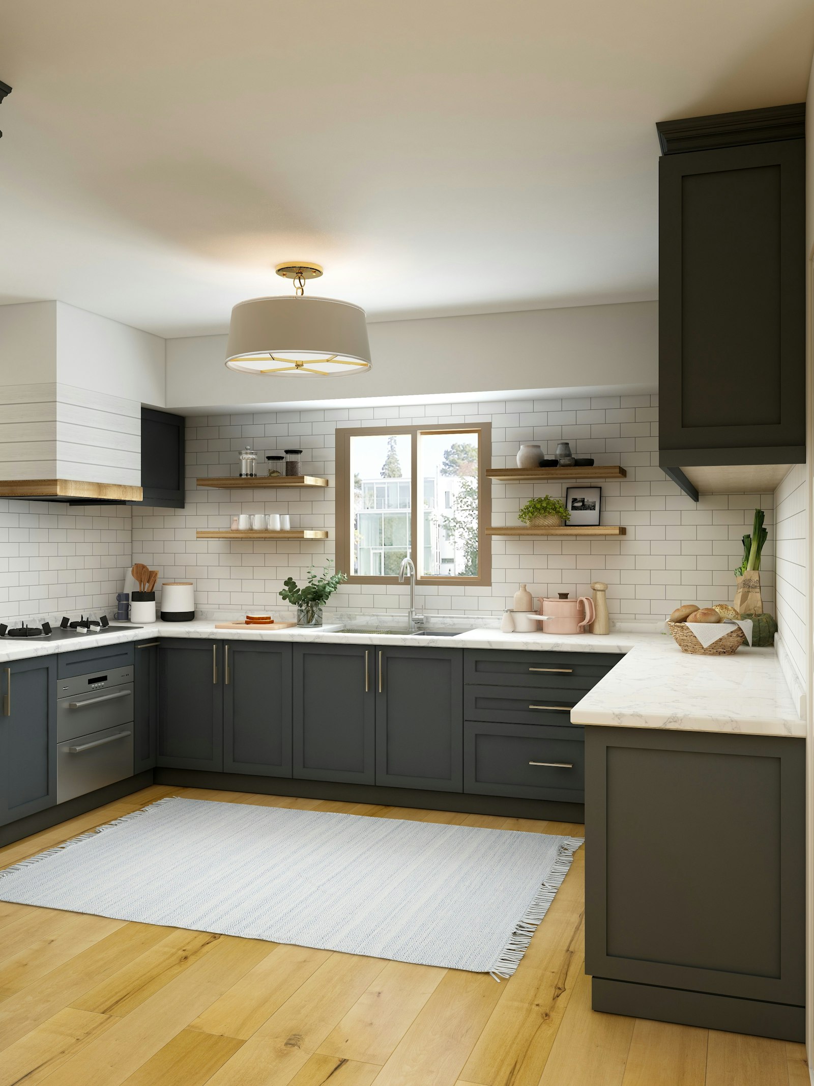 A finished modern farmhouse-style kitchen with white cabinetry