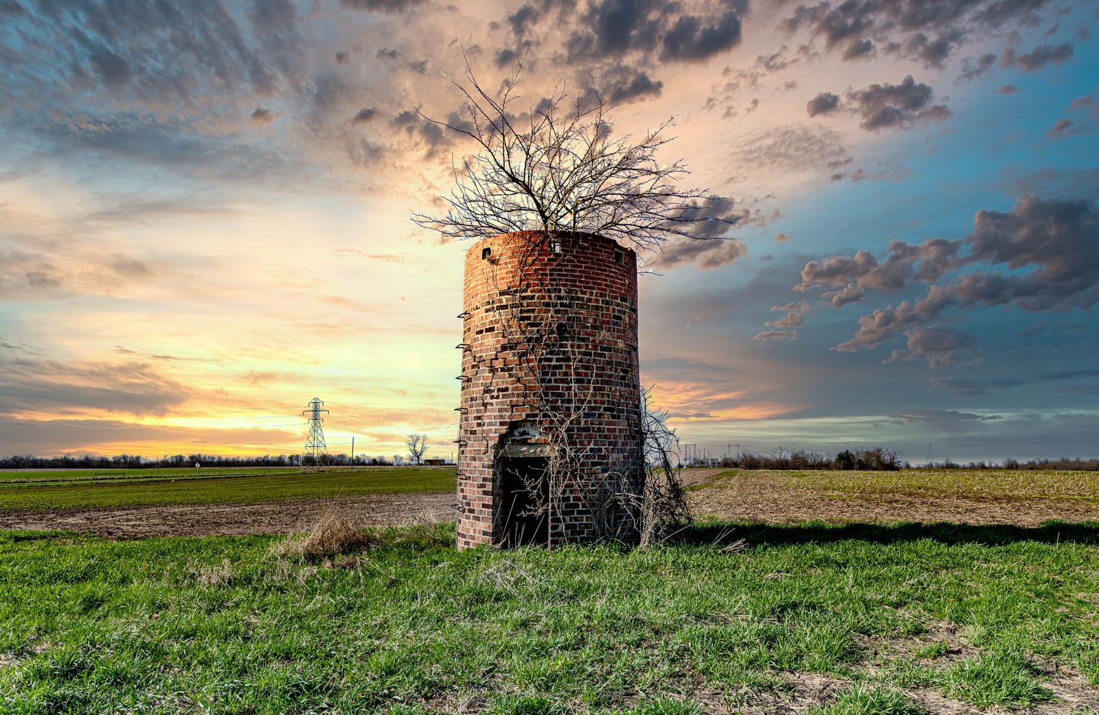 Steel grain bins standing in a field at sunset