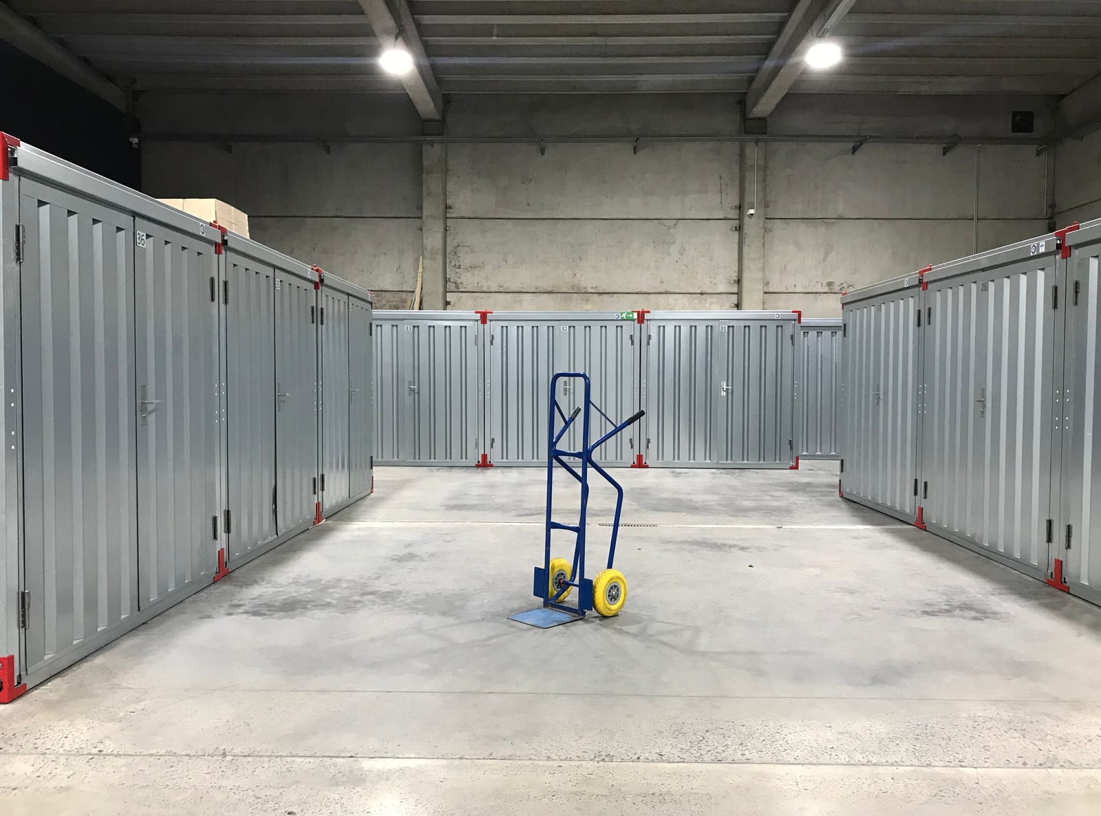 Steel storage units in an industrial warehouse interior